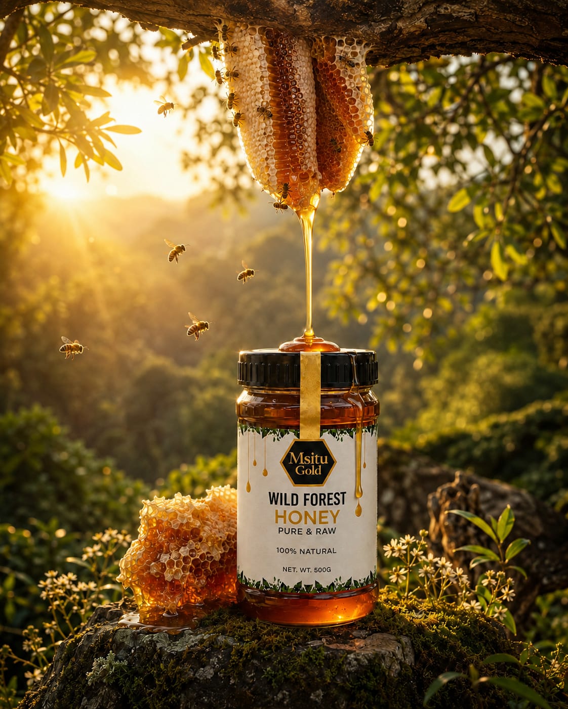 A jar of Msitu Gold wild forest honey on a mossy stump, honey dripping from a wild comb above it at sunrise
