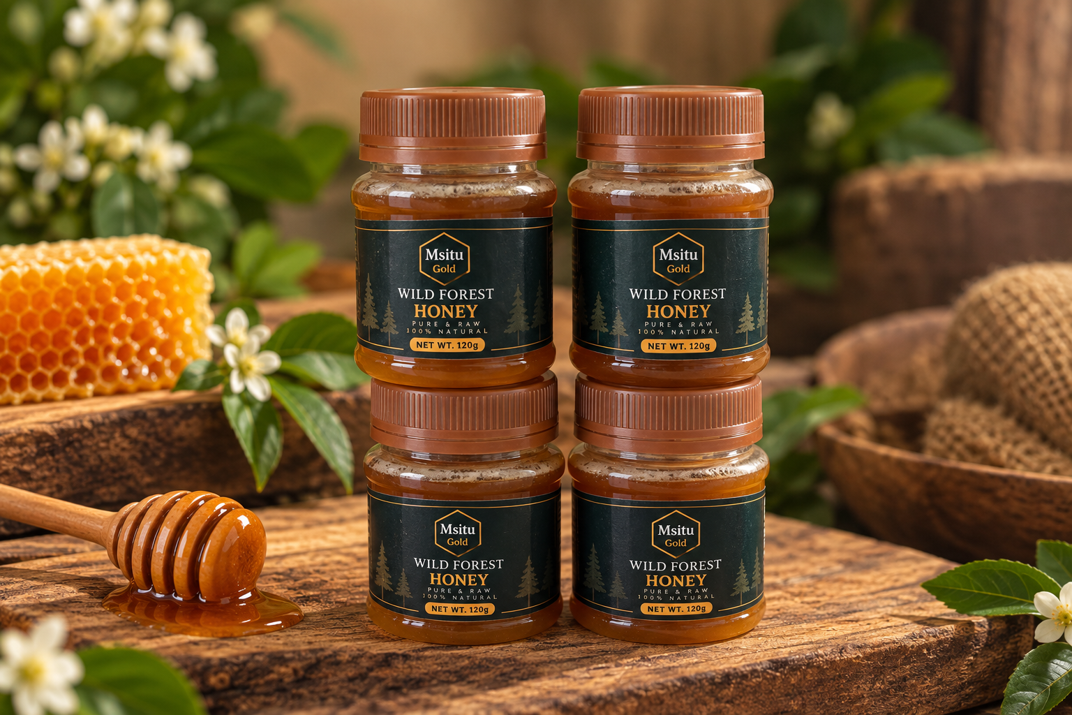 Four 120g jars of Msitu Gold wild forest honey
