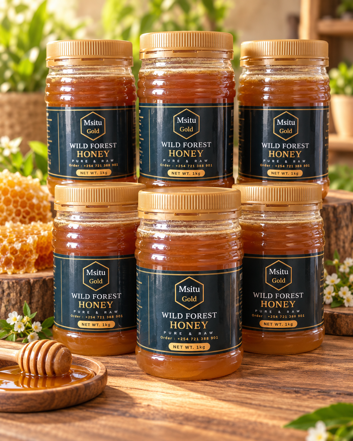 Six 1kg jars of Msitu Gold wild forest honey
