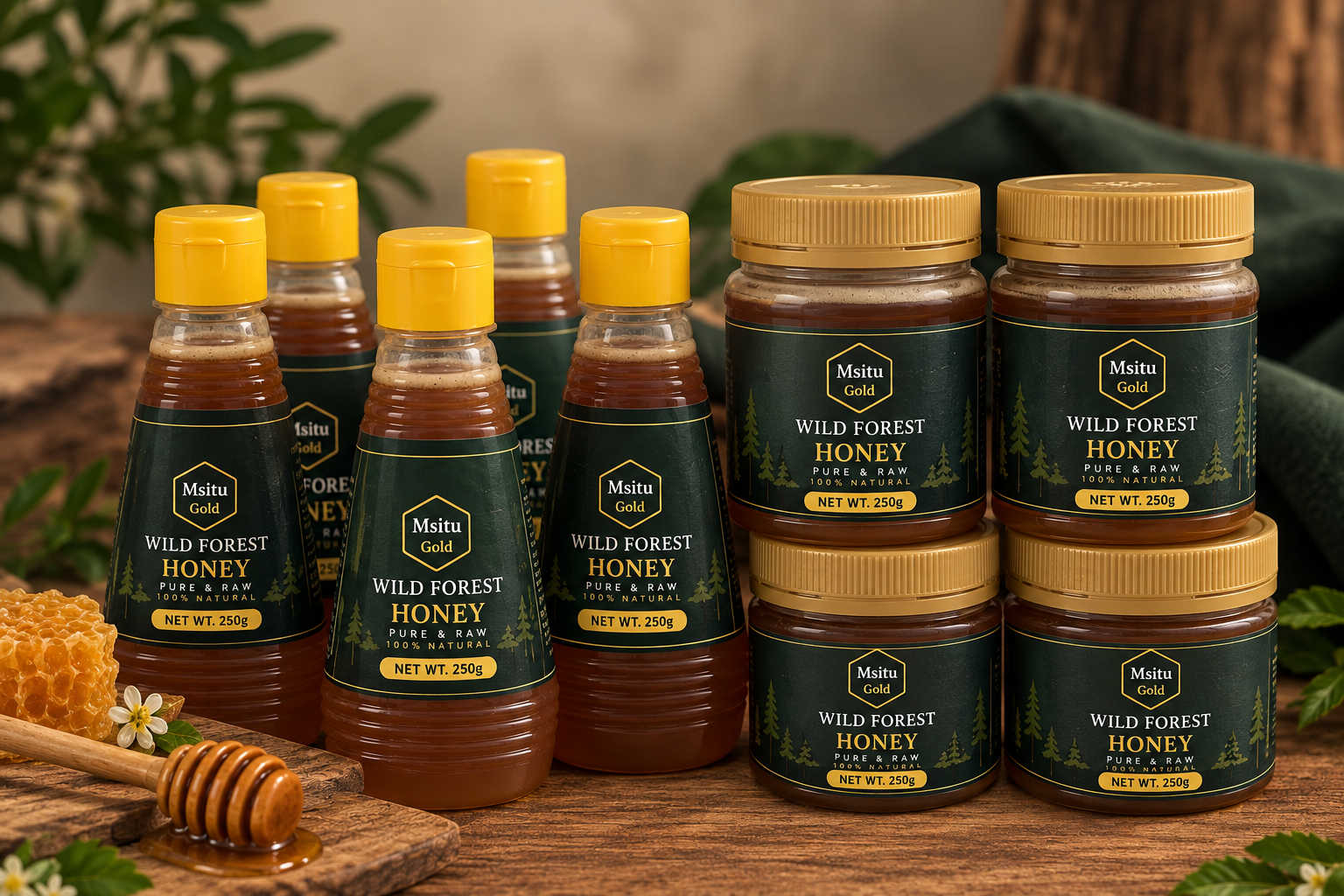 A selection of 250g Msitu Gold wild forest honey bottles and jars