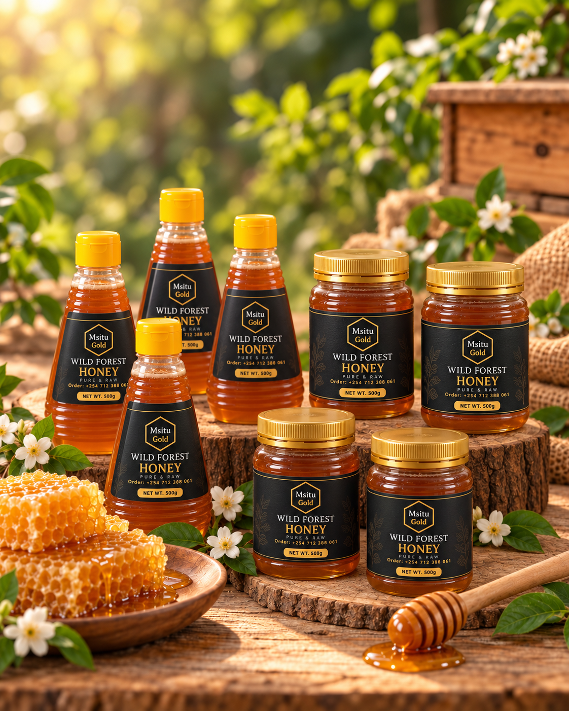 A selection of 500g Msitu Gold wild forest honey bottles and jars