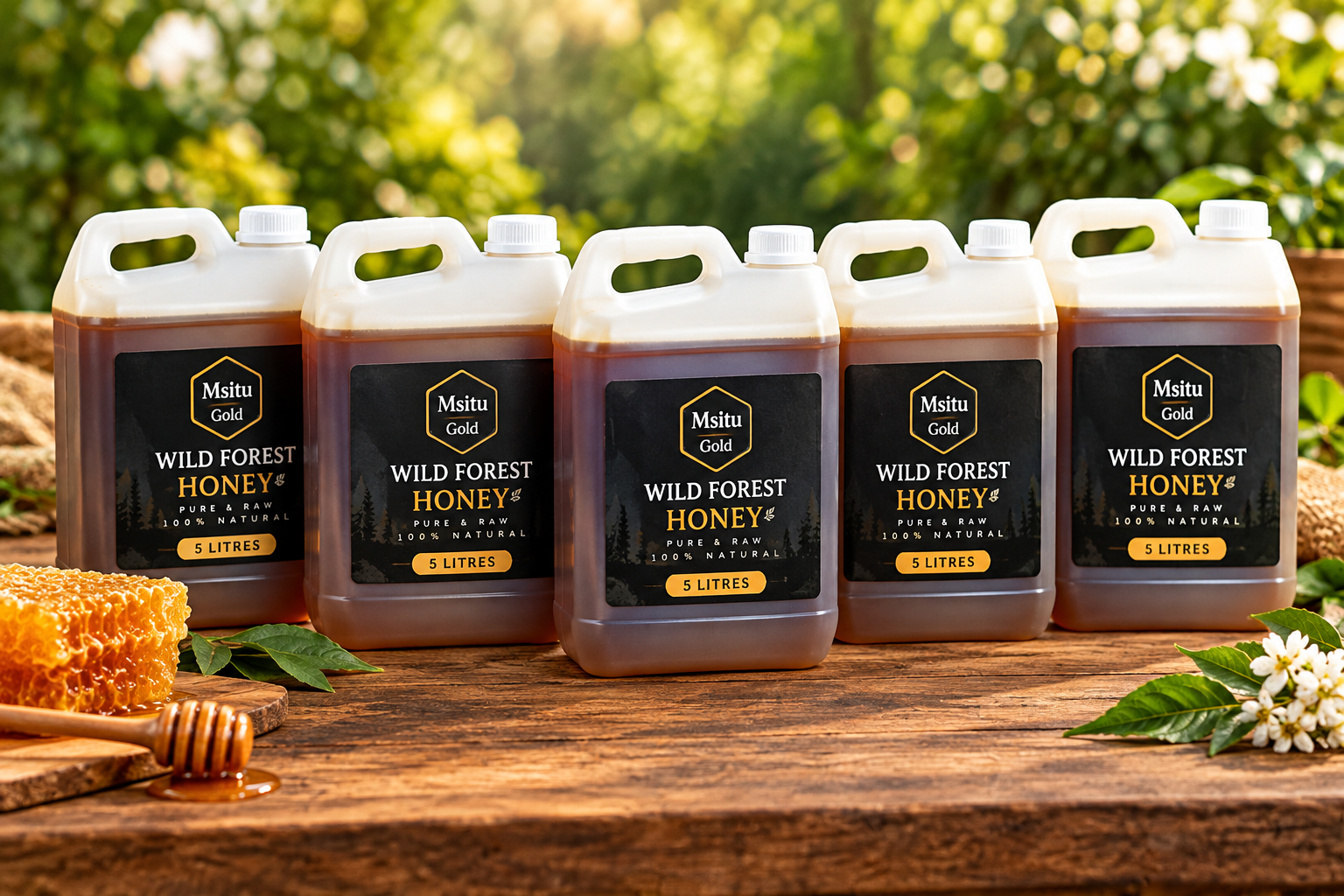 Five 5 litre containers of Msitu Gold wild forest honey